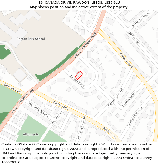 16, CANADA DRIVE, RAWDON, LEEDS, LS19 6LU: Location map and indicative extent of plot