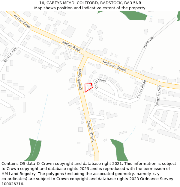 16, CAREYS MEAD, COLEFORD, RADSTOCK, BA3 5NR: Location map and indicative extent of plot