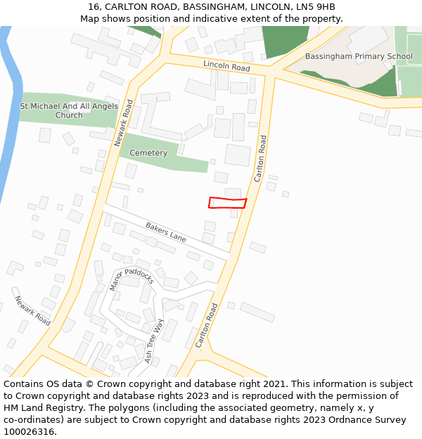 16, CARLTON ROAD, BASSINGHAM, LINCOLN, LN5 9HB: Location map and indicative extent of plot