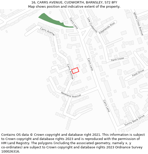 16, CARRS AVENUE, CUDWORTH, BARNSLEY, S72 8FY: Location map and indicative extent of plot