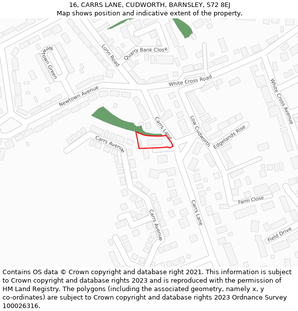 16, CARRS LANE, CUDWORTH, BARNSLEY, S72 8EJ: Location map and indicative extent of plot