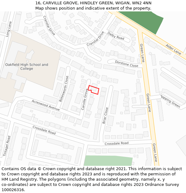 16, CARVILLE GROVE, HINDLEY GREEN, WIGAN, WN2 4NN: Location map and indicative extent of plot