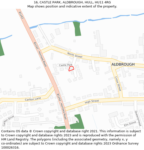 16, CASTLE PARK, ALDBROUGH, HULL, HU11 4RG: Location map and indicative extent of plot