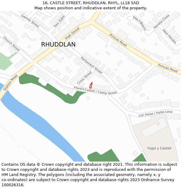 16, CASTLE STREET, RHUDDLAN, RHYL, LL18 5AD: Location map and indicative extent of plot