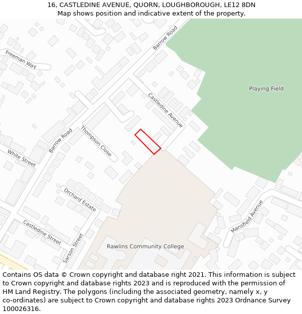 16, CASTLEDINE AVENUE, QUORN, LOUGHBOROUGH, LE12 8DN: Location map and indicative extent of plot