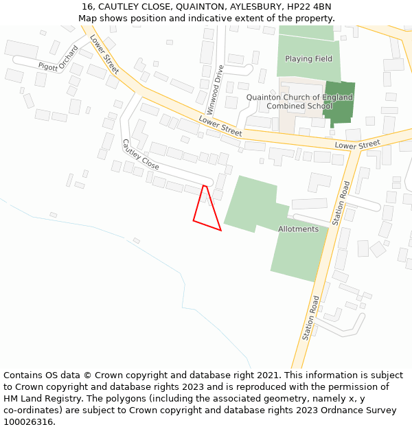 16, CAUTLEY CLOSE, QUAINTON, AYLESBURY, HP22 4BN: Location map and indicative extent of plot