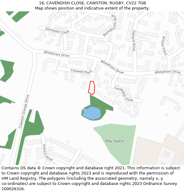 16, CAVENDISH CLOSE, CAWSTON, RUGBY, CV22 7GB: Location map and indicative extent of plot