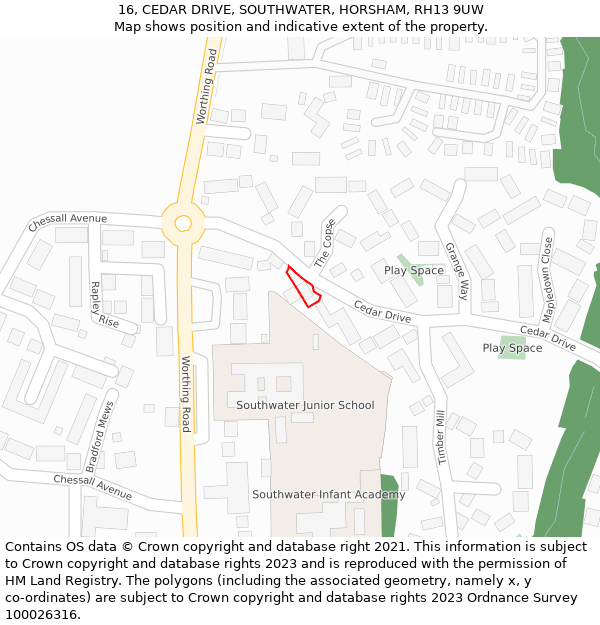 16, CEDAR DRIVE, SOUTHWATER, HORSHAM, RH13 9UW: Location map and indicative extent of plot