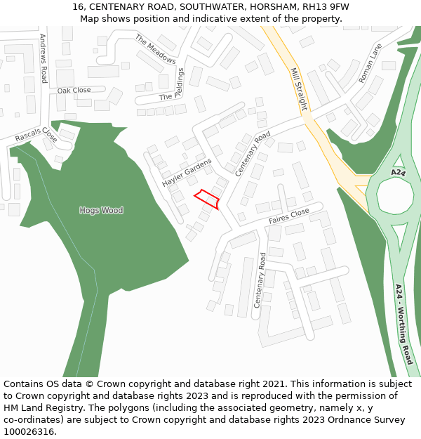 16, CENTENARY ROAD, SOUTHWATER, HORSHAM, RH13 9FW: Location map and indicative extent of plot