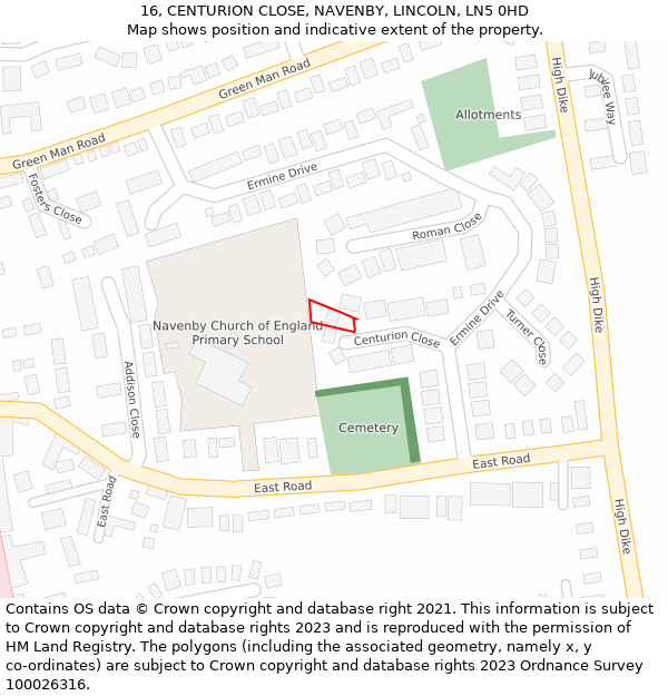 16, CENTURION CLOSE, NAVENBY, LINCOLN, LN5 0HD: Location map and indicative extent of plot