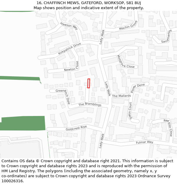 16, CHAFFINCH MEWS, GATEFORD, WORKSOP, S81 8UJ: Location map and indicative extent of plot