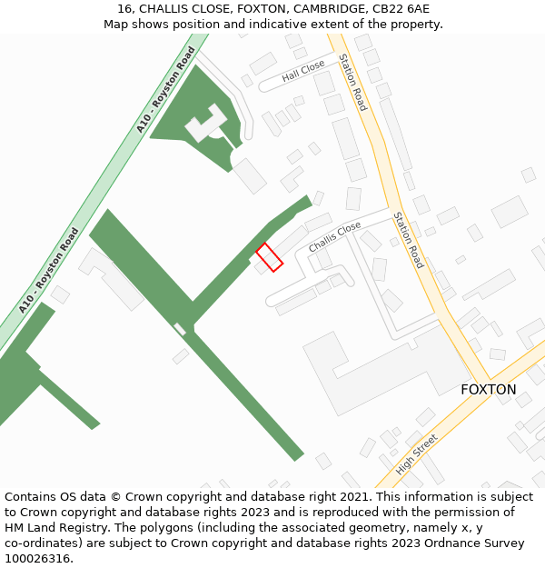 16, CHALLIS CLOSE, FOXTON, CAMBRIDGE, CB22 6AE: Location map and indicative extent of plot