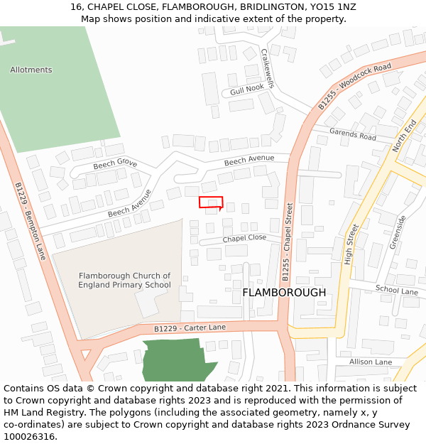 16, CHAPEL CLOSE, FLAMBOROUGH, BRIDLINGTON, YO15 1NZ: Location map and indicative extent of plot