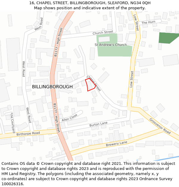 16, CHAPEL STREET, BILLINGBOROUGH, SLEAFORD, NG34 0QH: Location map and indicative extent of plot