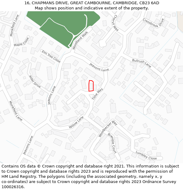 16, CHAPMANS DRIVE, GREAT CAMBOURNE, CAMBRIDGE, CB23 6AD: Location map and indicative extent of plot