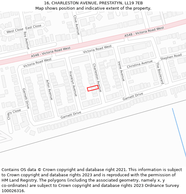 16, CHARLESTON AVENUE, PRESTATYN, LL19 7EB: Location map and indicative extent of plot