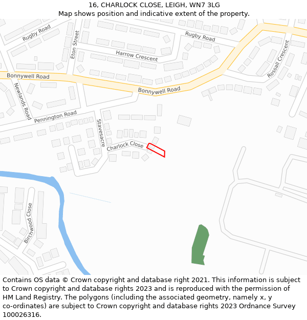 16, CHARLOCK CLOSE, LEIGH, WN7 3LG: Location map and indicative extent of plot