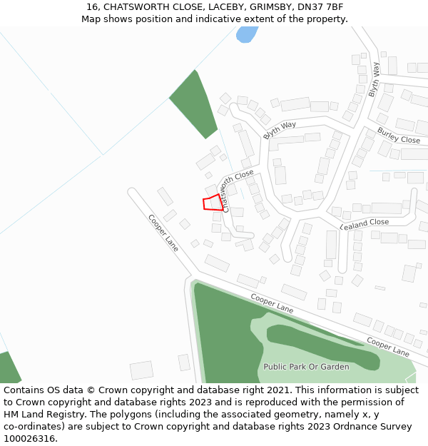 16, CHATSWORTH CLOSE, LACEBY, GRIMSBY, DN37 7BF: Location map and indicative extent of plot