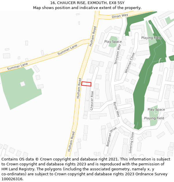 16, CHAUCER RISE, EXMOUTH, EX8 5SY: Location map and indicative extent of plot