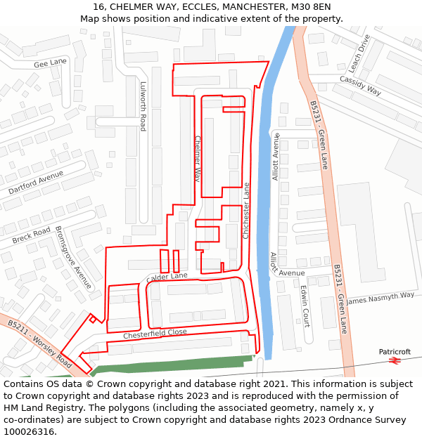 16, CHELMER WAY, ECCLES, MANCHESTER, M30 8EN: Location map and indicative extent of plot