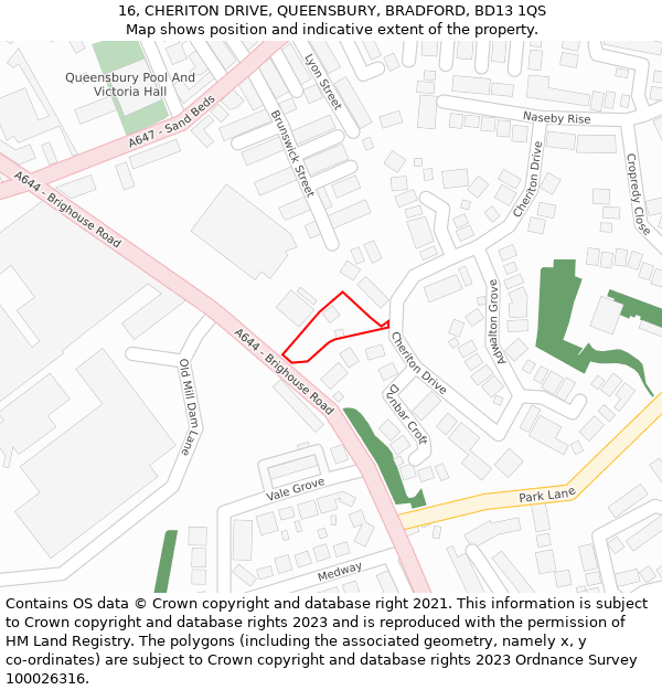 16, CHERITON DRIVE, QUEENSBURY, BRADFORD, BD13 1QS: Location map and indicative extent of plot