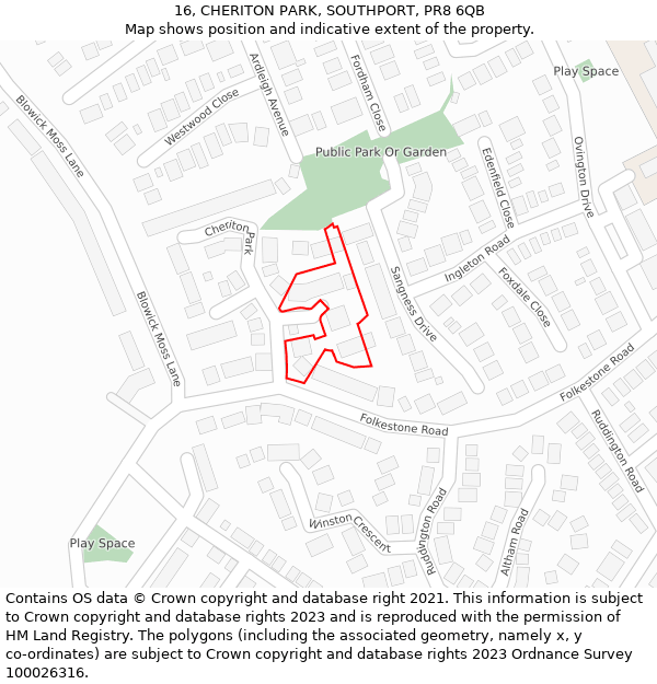 16, CHERITON PARK, SOUTHPORT, PR8 6QB: Location map and indicative extent of plot