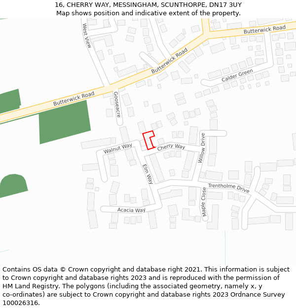 16, CHERRY WAY, MESSINGHAM, SCUNTHORPE, DN17 3UY: Location map and indicative extent of plot