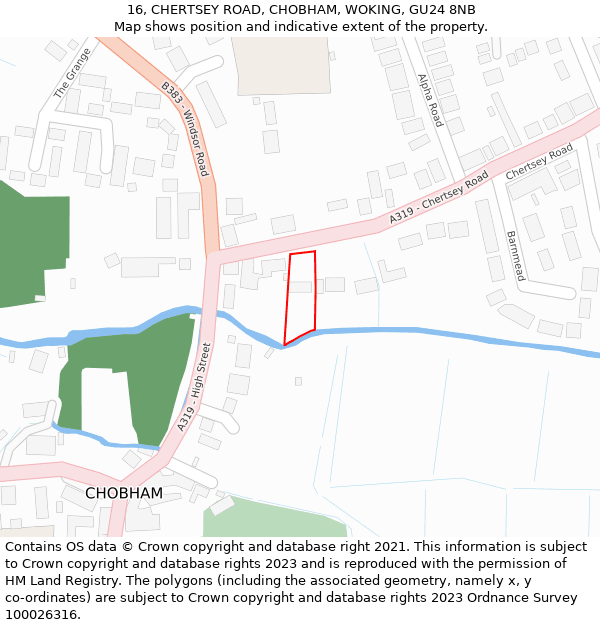 16, CHERTSEY ROAD, CHOBHAM, WOKING, GU24 8NB: Location map and indicative extent of plot