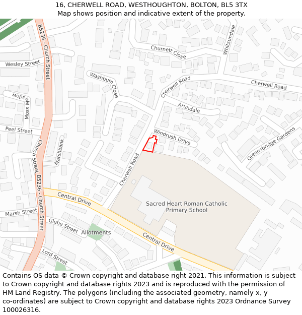 16, CHERWELL ROAD, WESTHOUGHTON, BOLTON, BL5 3TX: Location map and indicative extent of plot