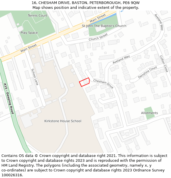 16, CHESHAM DRIVE, BASTON, PETERBOROUGH, PE6 9QW: Location map and indicative extent of plot