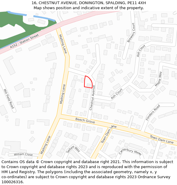 16, CHESTNUT AVENUE, DONINGTON, SPALDING, PE11 4XH: Location map and indicative extent of plot