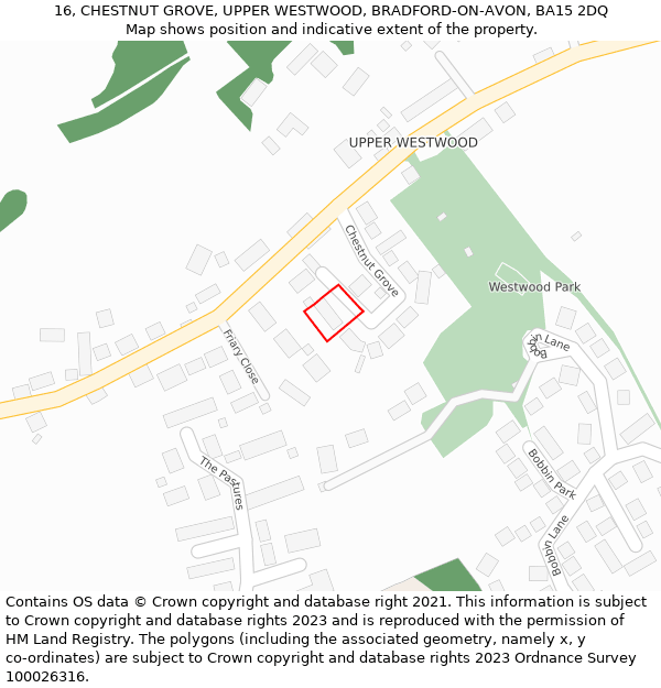 16, CHESTNUT GROVE, UPPER WESTWOOD, BRADFORD-ON-AVON, BA15 2DQ: Location map and indicative extent of plot