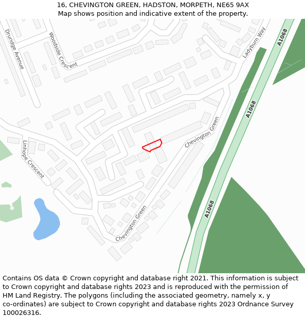 16, CHEVINGTON GREEN, HADSTON, MORPETH, NE65 9AX: Location map and indicative extent of plot