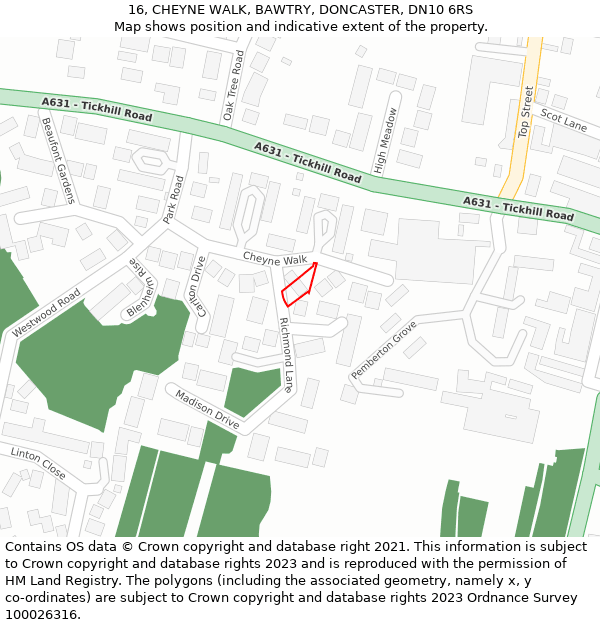 16, CHEYNE WALK, BAWTRY, DONCASTER, DN10 6RS: Location map and indicative extent of plot