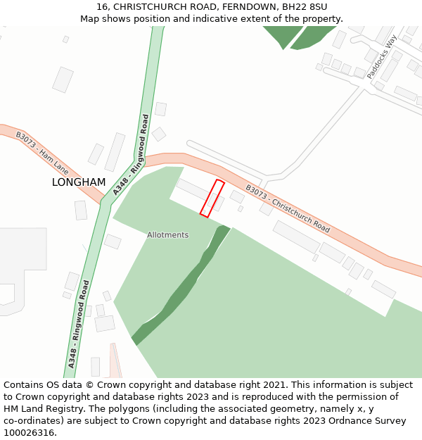 16, CHRISTCHURCH ROAD, FERNDOWN, BH22 8SU: Location map and indicative extent of plot