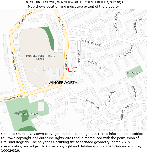 16, CHURCH CLOSE, WINGERWORTH, CHESTERFIELD, S42 6QA: Location map and indicative extent of plot