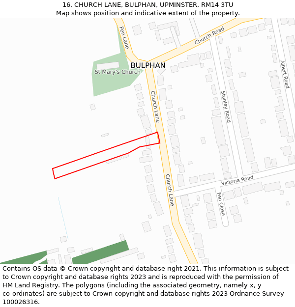 16, CHURCH LANE, BULPHAN, UPMINSTER, RM14 3TU: Location map and indicative extent of plot