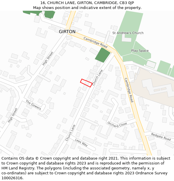 16, CHURCH LANE, GIRTON, CAMBRIDGE, CB3 0JP: Location map and indicative extent of plot