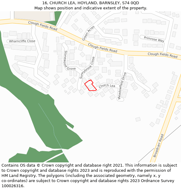 16, CHURCH LEA, HOYLAND, BARNSLEY, S74 0QD: Location map and indicative extent of plot