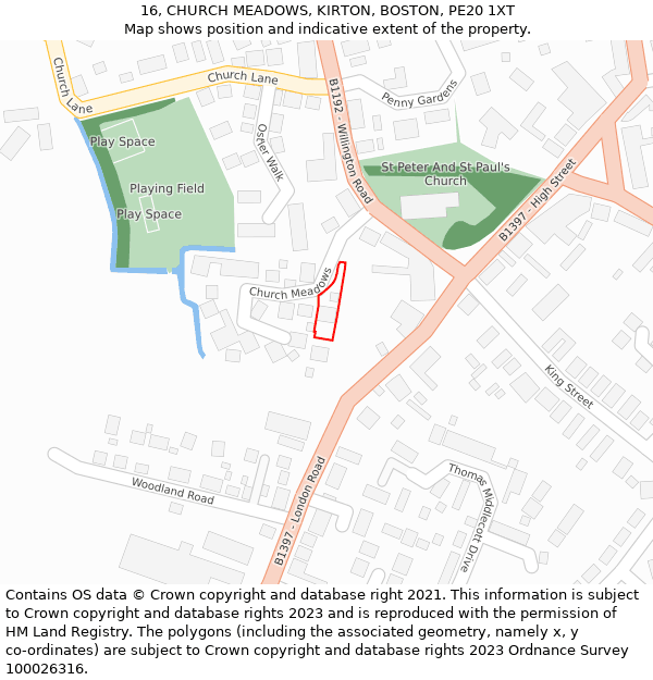 16, CHURCH MEADOWS, KIRTON, BOSTON, PE20 1XT: Location map and indicative extent of plot