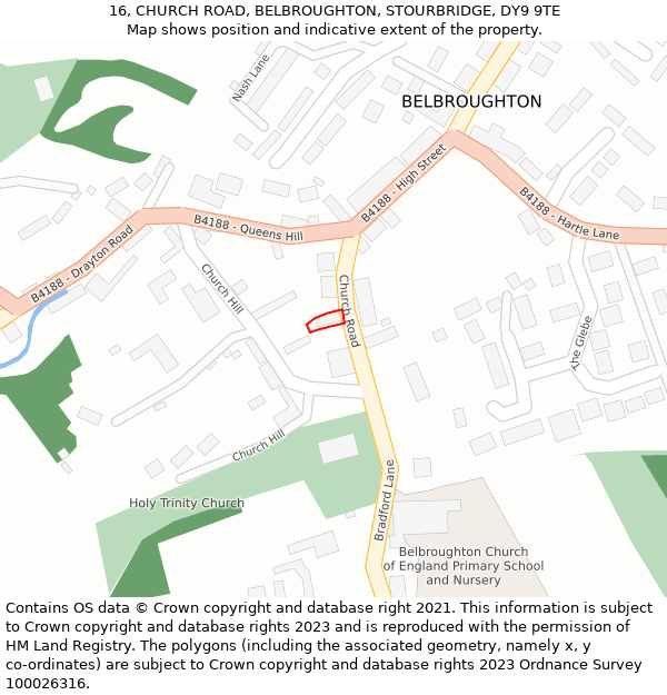 16, CHURCH ROAD, BELBROUGHTON, STOURBRIDGE, DY9 9TE: Location map and indicative extent of plot