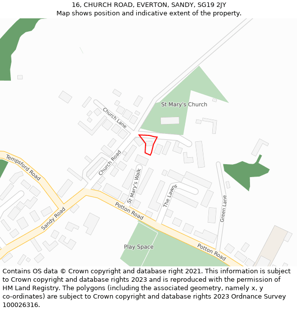 16, CHURCH ROAD, EVERTON, SANDY, SG19 2JY: Location map and indicative extent of plot