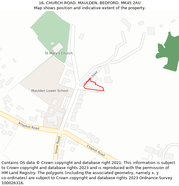 16, CHURCH ROAD, MAULDEN, BEDFORD, MK45 2AU: Location map and indicative extent of plot