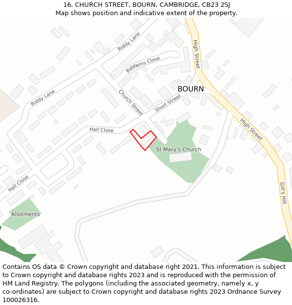 16, CHURCH STREET, BOURN, CAMBRIDGE, CB23 2SJ: Location map and indicative extent of plot
