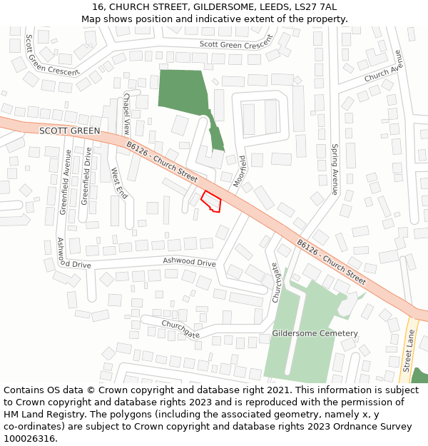 16, CHURCH STREET, GILDERSOME, LEEDS, LS27 7AL: Location map and indicative extent of plot