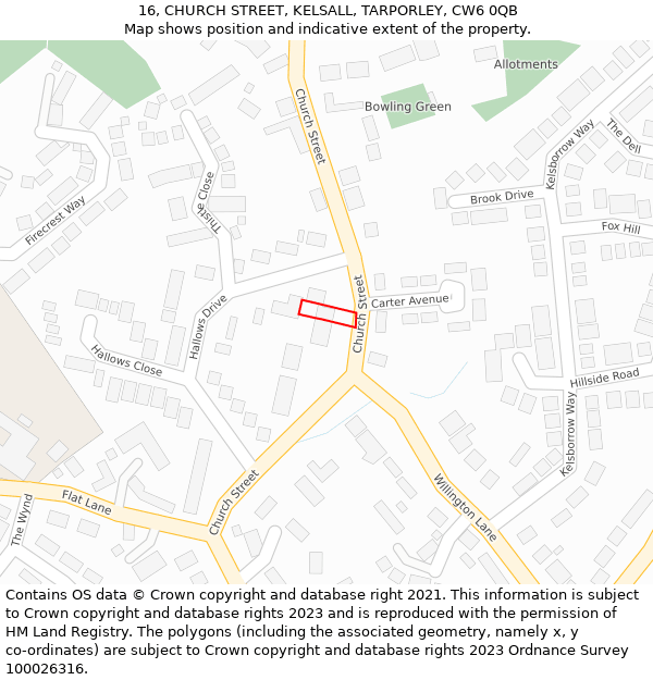 16, CHURCH STREET, KELSALL, TARPORLEY, CW6 0QB: Location map and indicative extent of plot