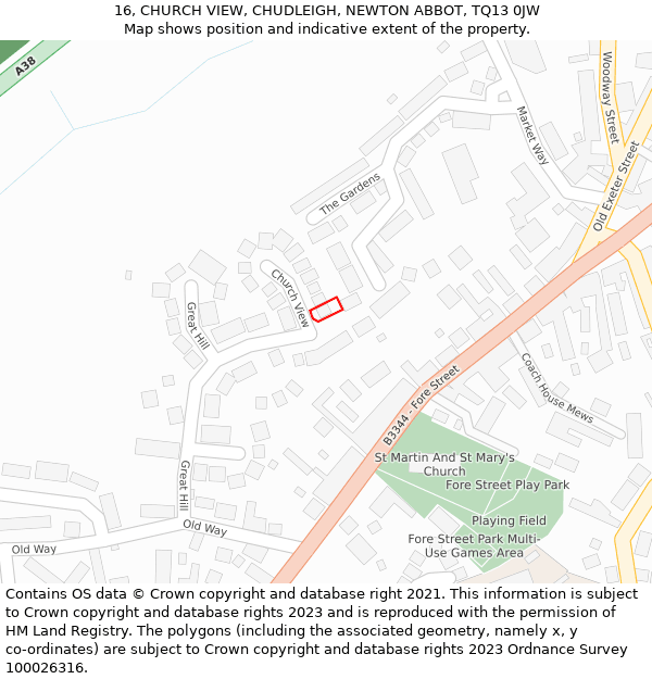 16, CHURCH VIEW, CHUDLEIGH, NEWTON ABBOT, TQ13 0JW: Location map and indicative extent of plot