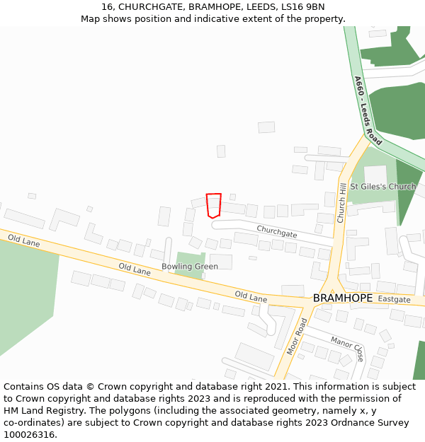 16, CHURCHGATE, BRAMHOPE, LEEDS, LS16 9BN: Location map and indicative extent of plot