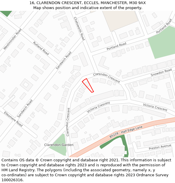 16, CLARENDON CRESCENT, ECCLES, MANCHESTER, M30 9AX: Location map and indicative extent of plot