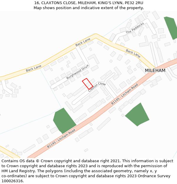 16, CLAXTONS CLOSE, MILEHAM, KING'S LYNN, PE32 2RU: Location map and indicative extent of plot